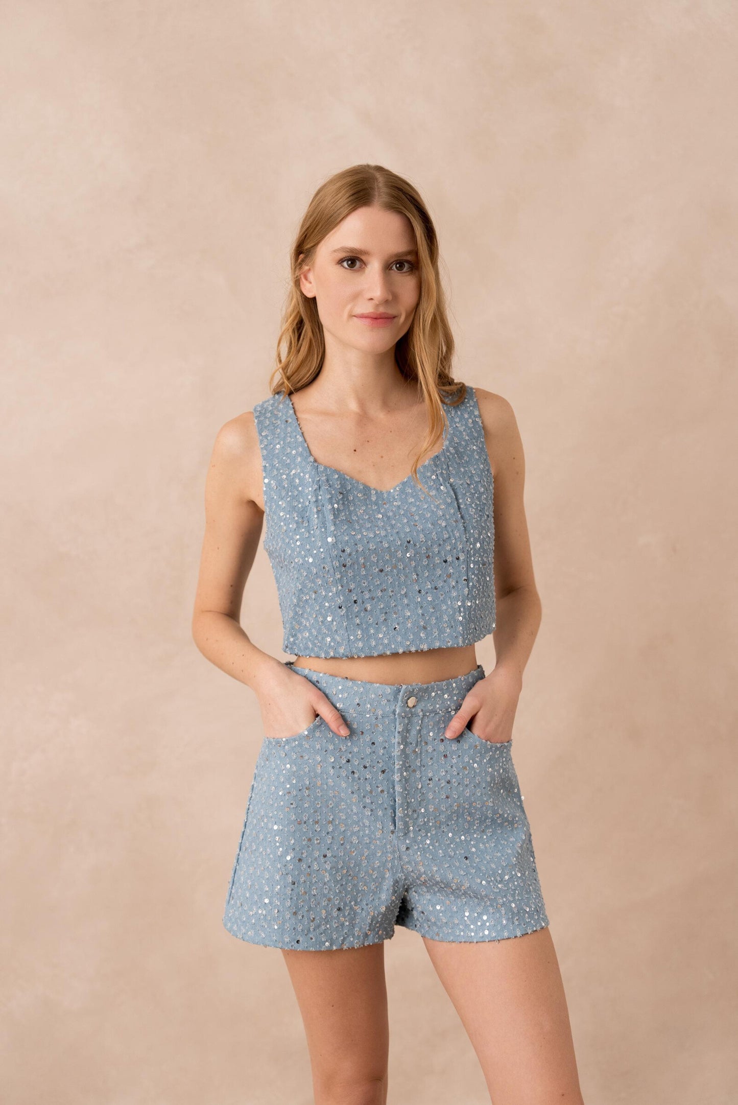 Sequin denim tank top set - ANNIVRE