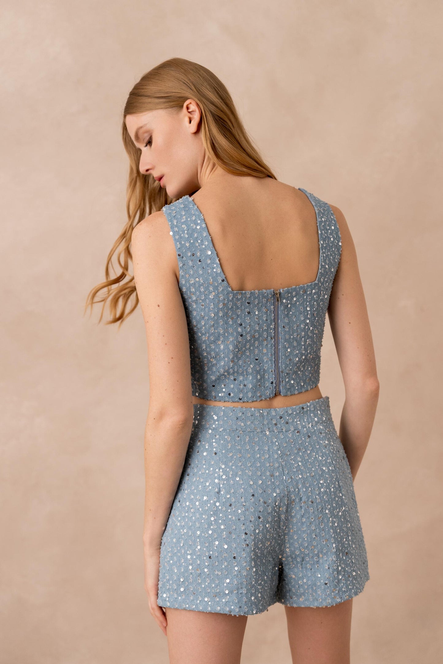 Sequin denim tank top set - ANNIVRE