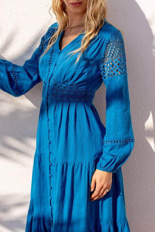Léana Cotton Jacquard Maxi - Bleu