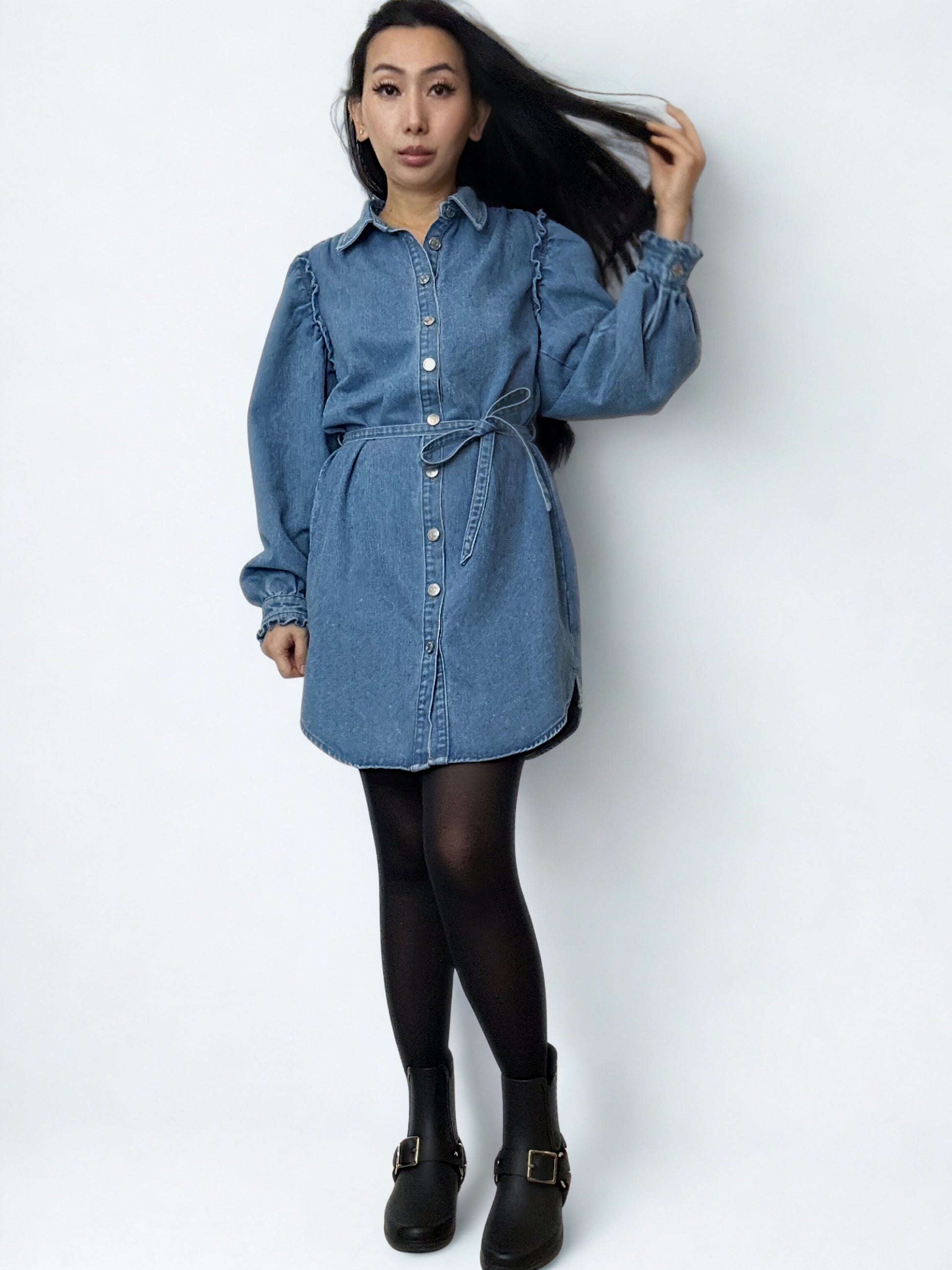 Noëlle Ruffle Denim Shirt Dress - ANNIVRE