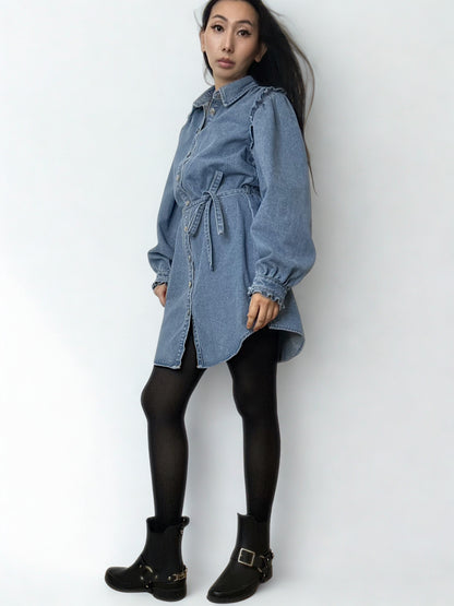 Noëlle Ruffle Denim Shirt Dress - ANNIVRE