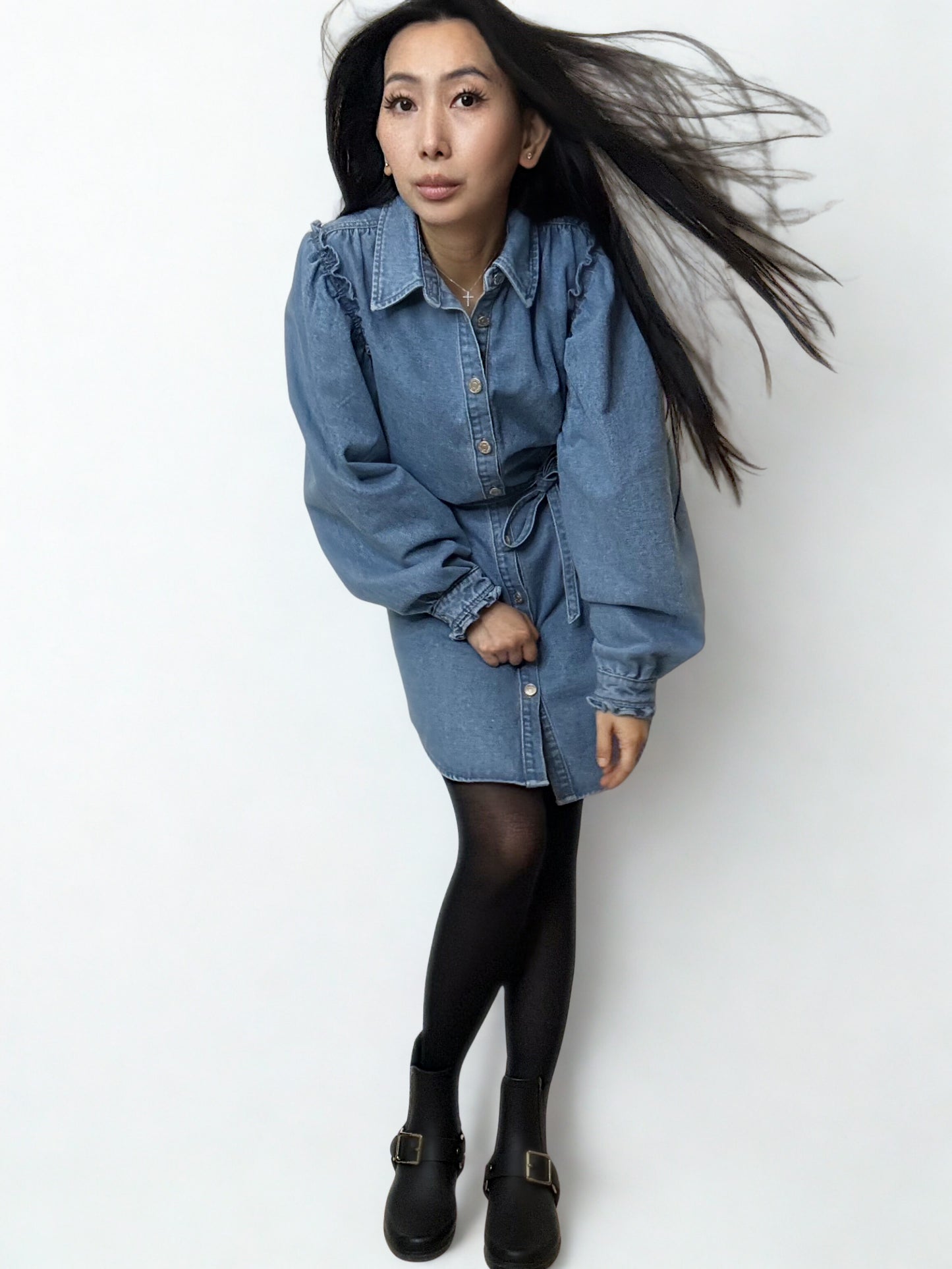 Noëlle Ruffle Denim Shirt Dress - ANNIVRE