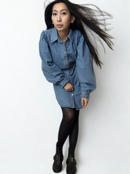 Noëlle Ruffle Denim Shirt Dress - ANNIVRE